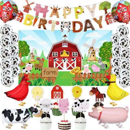 Sumind Farm Birthday Party Decorations Farm Animals Barn Backdrop Banner Walking Balloons Cupcake Toppers Birthday Party Supplies Set for Kids Farm Animals Cow Theme Party Supplies