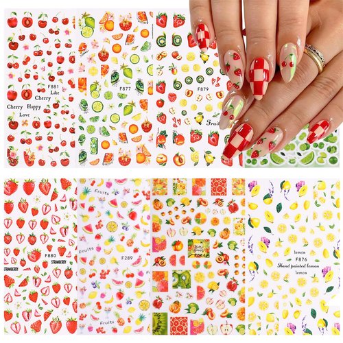 8 Sheets Summer Fruit Nail Art Stickers 3D Self Adhesive Mixed Cherry Watermelon Lemon Strawberry Nail Decals for Women