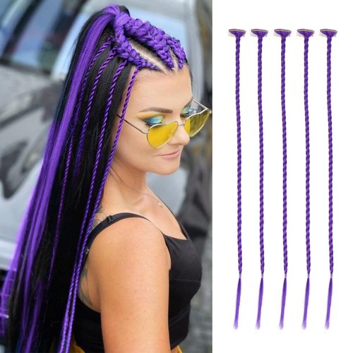5 Pcs Braid Hair Extensions Baby Braids Front Side Bang Long Braided Ponytail Extension Party Colorful Clip in Hair Extensions 22 Inch Straight Synthetic Hairpieces for Women Kids Girls Halloween Christmas Cosplay (22 Inch-Braided, Dark Blue)