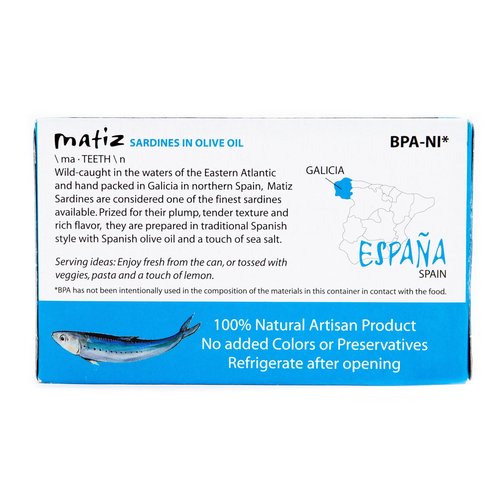 Matiz Sardines in Olive Oil, 4.2 Ounce Can (Pack of 5) Spanish Gourmet Wild Caught Natural Fish for Tapas, Snacks, or Meals, Protein Rich, Sealed Freshness
