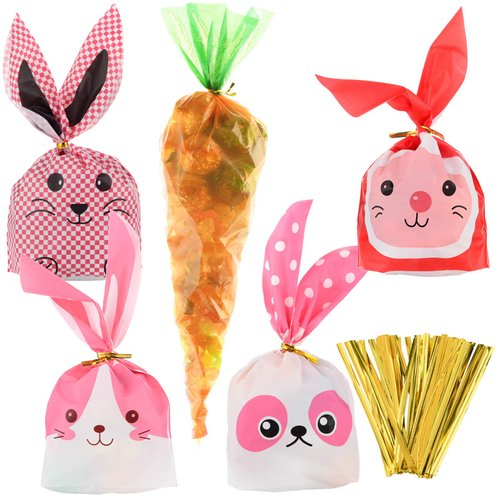 Jetec 100 Pieces Easter Candy Bags Rabbit Long Ear Treat Bags and Carrot Shaped Bags with 100 Pieces Twist Ties Bunny Cookie Bag for Party Packaging Supplies