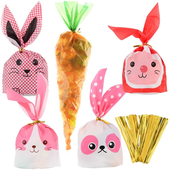 Jetec 100 Pieces Easter Candy Bags Rabbit Long Ear Treat Bags and Carrot Shaped Bags with 100 Pieces Twist Ties Bunny Cookie Bag for Party Packaging Supplies