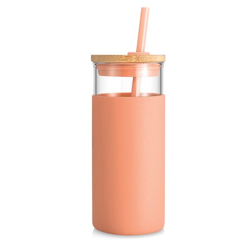 Tronco 20oz Glass Tumbler Glass Water Bottle Straw Silicone Protective Sleeve Bamboo Lid - BPA Free (Papaya/ 1 Pack)