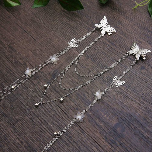 Women Lady Retro Long Tassel Dangle Hairpin Hair Clip Silver Butterfly Duckbill clip Hair Accessories