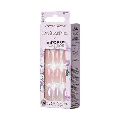 KISS LoveShackFancy x imPRESS Press-On Manicure Limited Edition, Style "Blushing Lavender" Medium Almond Pink Press-On Nails, Includes Prep Pad, Mini Nail File, Cuticle Stick, & 30 Fake Nails