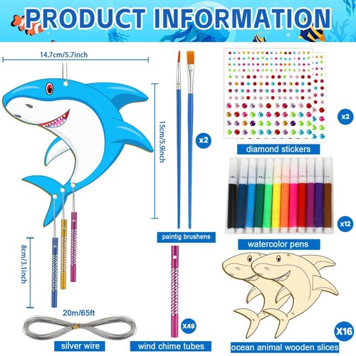 gisgfim 16 Pack Ocean Animal Wind Chime Kit Crafts for Kids Make Your Own Sea Animal Wind Chime Wooden DIY Art Coloring Activity for Summer School Home Party Hanging Decoration Birthday Supplies Favor