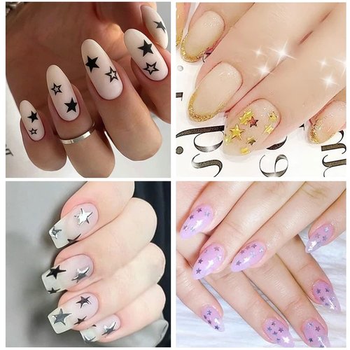 6 Sheets Star Nail Art Stickers Decals 3D Stars Self-Adhesive Nail Art Supplies Shiny Glitters Starlight Pentagram Nail Art Design for Women Girls Fashion Nail Foil Decal Manicure Decoration