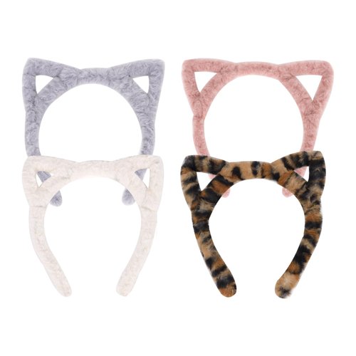 GAFATORY 4 Pack Cat Ears Headband Soft Plush Ears Headband for Women Cute Cat Ears Hairband for Skincare Makeup Shower Furry Headbands for Halloween Party Cosplay