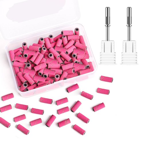 ASTONFOG Sanding Bands for Nail Drills, 100pcs Small Bands 180 Fine Grit Nail File Sanding Bands with 2pcs Upgrade 3.1mm Mandrel Drill Bits for Acrylic Nails Gel Manicure