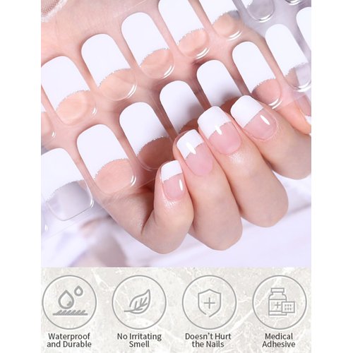 Wahrshei Semi Cured Gel Nail Strips | 20pcs French Glitter Gel Nail Stickers UV | Semi Cured Gel Nail Wraps for Home Nails DIY