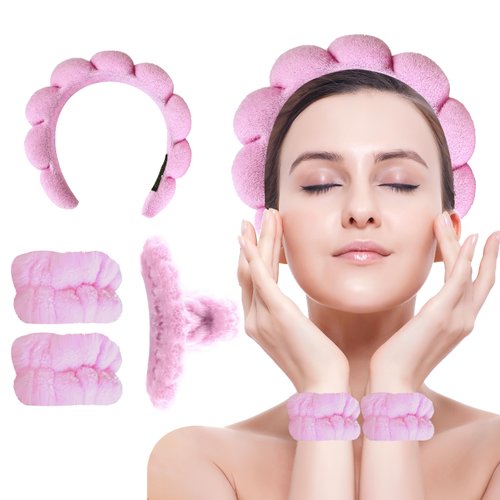 Generic spa headband for women and girls. Bubble skin care headband, makeup hair band set with wristbands, and a fluffy hair claw for face cleaning, (Pink)