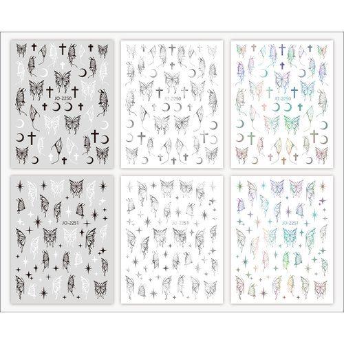 6 Sheets Butterfly Nail Art Stickers Laser Silver Butterflies Designs Self Adhesive Decals Cute Nail Art Design Decals Black White Butterflies Nail Decals for Nail Art DIY Manicure Decoration