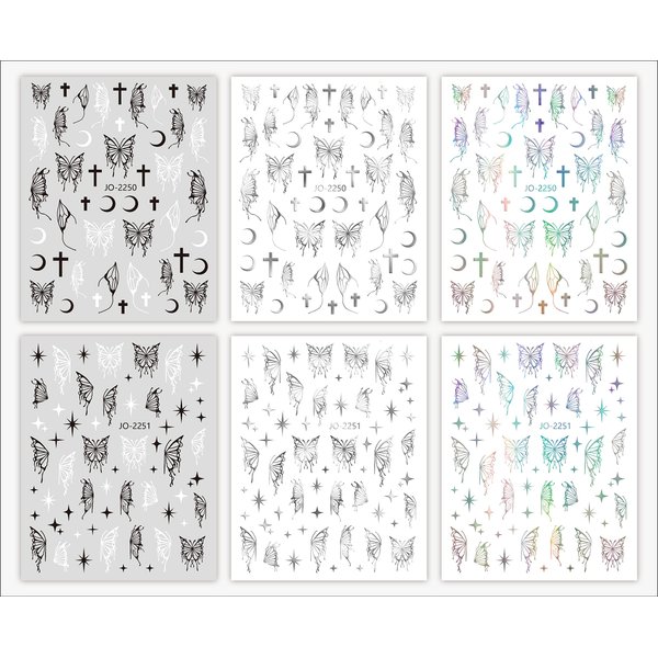 6 Sheets Butterfly Nail Art Stickers Laser Silver Butterflies Designs Self Adhesive Decals Cute Nail Art Design Decals Black White Butterflies Nail Decals for Nail Art DIY Manicure Decoration