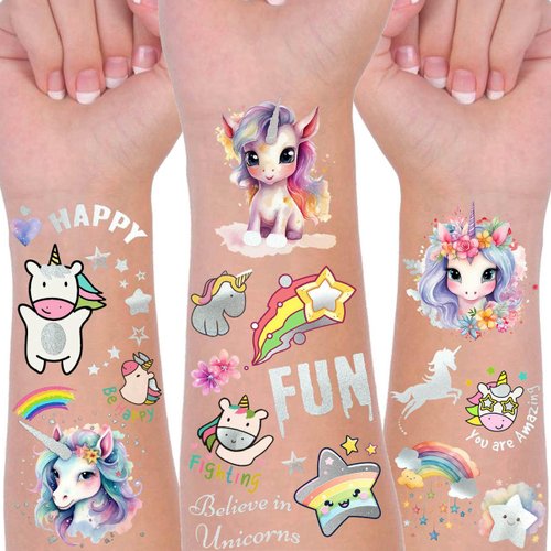 83+ PCS Groovy Silver Metallic Unicorn Temporary Tattoos For Kids Girls Boys, Glitter Flash Fake Tattoo Stickers Child, Rainbow Star Cute Cartoon Tattoos Pony Horse Party Supplies Goodie Bags Stuffers