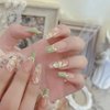 Sutaozhi Green French Tip Press on Nails Long Fake Nails with Camellia Flowers Design Spring Floral False Nails with Pearl Charms Acrylic Nails Nude Full Cover Glue on Nails Kit for Women Manicure Art