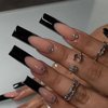 Foccna Long Press on Nails Black Coffin French Fake Nails Full Cover Nude Acrylic False Rhinestone Nails for Women and Girls 24PCS
