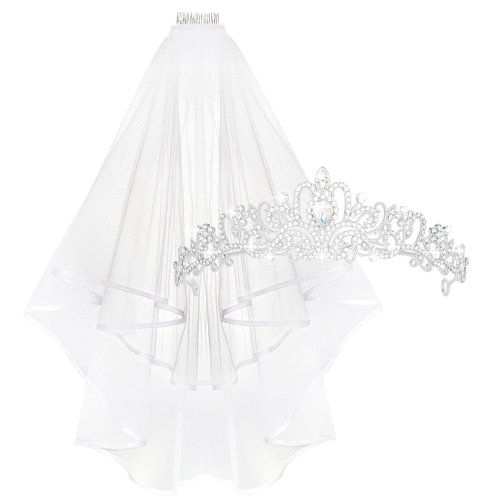 YARIEW Silver Crown + Bride Veil Set, Rhinestone Wedding Bridal Tiara, Bridal Shower Decorations, Bride Headband Veil Bachelorette Party Decorations Prom Bridal Shower Birhday Gift for Women and Girls