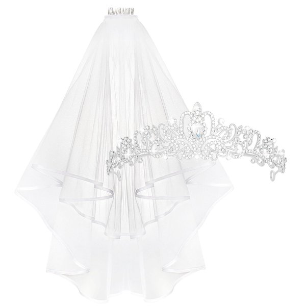 YARIEW Silver Crown + Bride Veil Set, Rhinestone Wedding Bridal Tiara, Bridal Shower Decorations, Bride Headband Veil Bachelorette Party Decorations Prom Bridal Shower Birhday Gift for Women and Girls