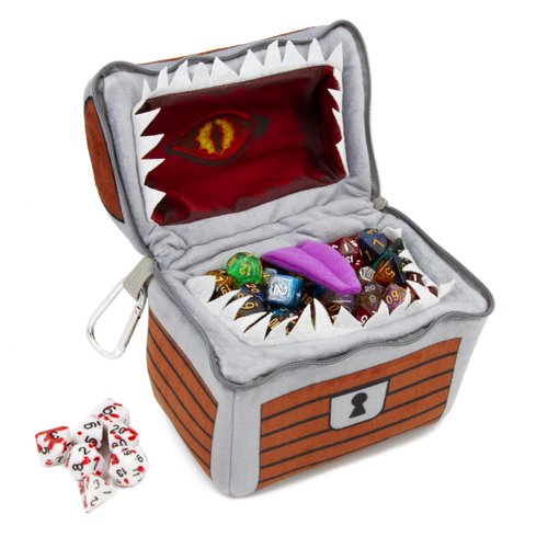 CASEMATIX Mimic Dice Chest and DND Dice Case with 7 Included RPG Dice - 6.5" Mimic Chest Dice Bag with Zipper Closure and Carabiner for 150 Dice, Protective Novelty Dice Holder for Tabletop Dice