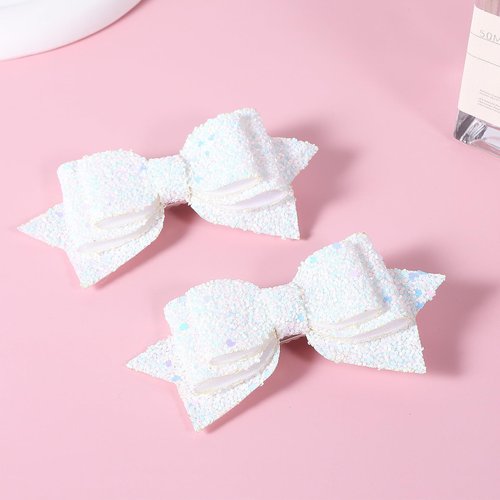 4 inch Glitter White Hair Bows Boutique Sparkly Sequins Hair Clips Big Multi Color Alligator Barrettes for Baby Teens Toddler Flower Girls Wedding Pageant Communion Dress Decor Accessories