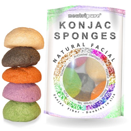 Konjac Sponge Set: Organic Skincare Facial for Natural Exfoliating and Deep Pore Cleansing 5 Piece Sampler Pack Infused with Charcoal, Turmeric, Green Tea