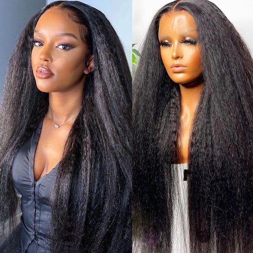 SKVWTIM Kinky Straight Wigs for Women Human Hair 200 Density 13x4 HD Transparent Lace Front Wigs Pre Plucked with Baby Hair 24 Inch Glueless Yaki Straight Human Hair Lace Wig Bleached Knots
