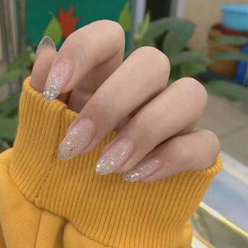 DANMANR Bling Press on Nails Almond Fake Nails Artificial Medium Lengh Nails Acrylic Nude False Nails for Women and Grils