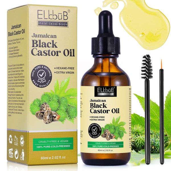 ELBBUB Jamaican Black Castor Oil - for Hair Growth Skin Condition, Eyebrows Eyelashes, Nail Care Grow, Moisturizing Massage Oil for Aromatherapy 2 fl oz