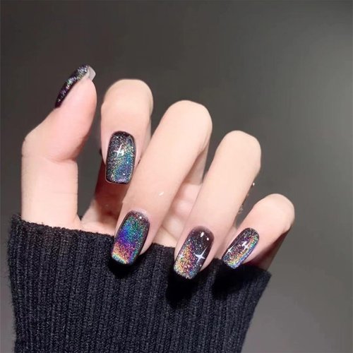 Black Press On Nails Short Glossy Cat Eye Fake Nails Stick On Nails Opaque Color Glitter Acrylic Fake Nails Gel Polished Glue on Nails for Women Girls 24Pcs