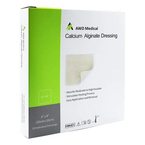 AWD Medical Calcium Alginate Wound Dressing - Highly Absorbent Gauze Pads and Wound Care Products, Quick Clotting Gauze Home & Professional Use, Medical Supplies for Wound Care - (4" x 4" Pads 10/Bx)