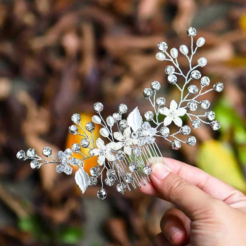 YBSHIN Bride Wedding Flower Hair Comb Silver Rhinestone Hair Pieces Crystal Headpiece Bridal Hair Accessories for Women