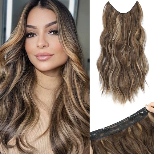 Halo Hair Extensions 20 Inch Invisible Wire Secret Hairpieces with Adjustable Size Transparent Headband 4 Secure Clips Long Curly Wavy Hair Extensions (20 Inch, Brown with Golden Highlights)