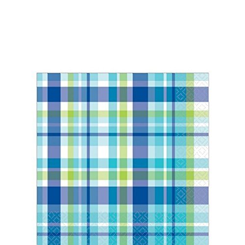 Amscan Decorative Caribbean Plaid Party Beverage Paper Napkins (16 Pack), 5 x 5, Blue