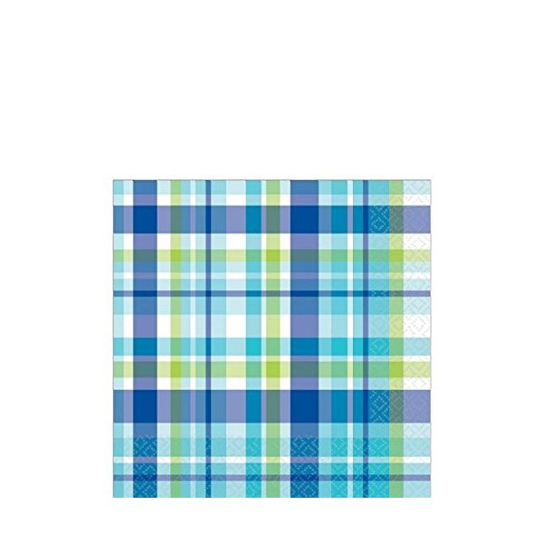 Amscan Decorative Caribbean Plaid Party Beverage Paper Napkins (16 Pack), 5 x 5, Blue