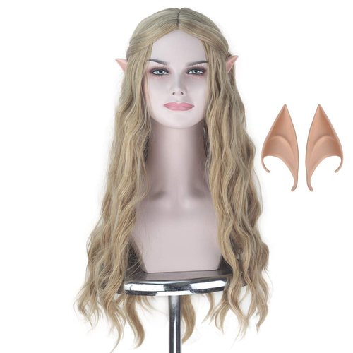 Miss U Hair Long Wavy Flax Golden Ash Blonde Hair Women Party Cosplay Costume Wig with Elf Ears Halloween