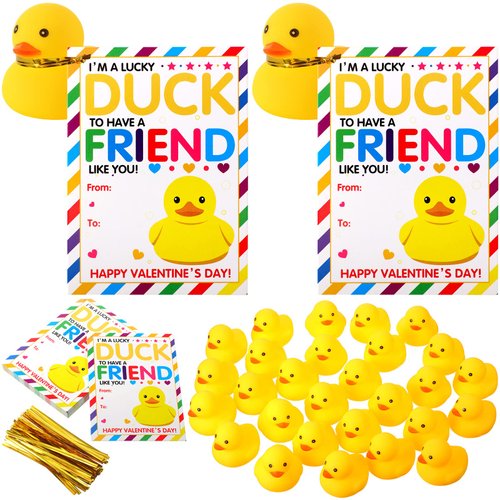 Sotiff 28 Sets Valentine's Day Gift Card for Kids with Rubber Ducks Bulk Valentine's Greeting Cards Mini Rubber Duck Party Favors for Valentine School Classroom Exchange Gift