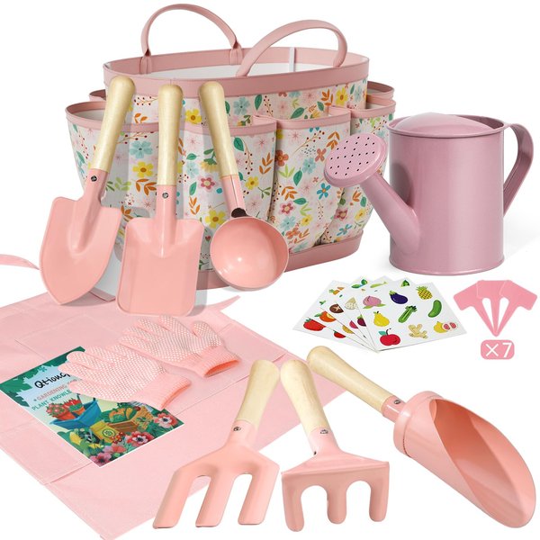 Qtioucp Kids Gardening Set 14Pcs Gardening Tools for Kids with Tote Bag,Watering Can, Shovel, Apron, Garden Book and More Educational STEM Learning Outdoor Indoor for Toddlers Kids Boys Girls (Floral)