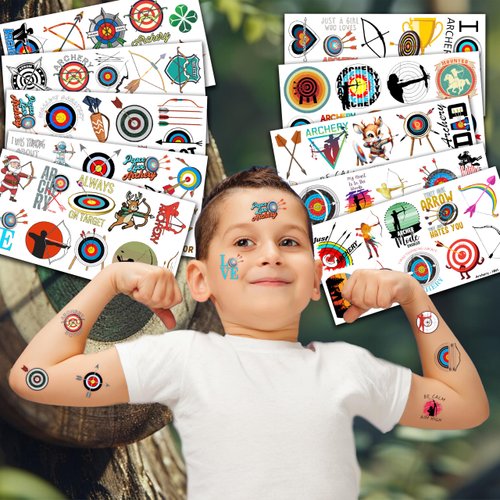 100PCS Archery Temporary Tattoos Stickers Themed Bow Arrow Hunting Birthday Party Favors Decorations Supplies Summer Sports Tattoo Sticker Gifts For Boys Girls Hunter School Prizes Carnival Christmas