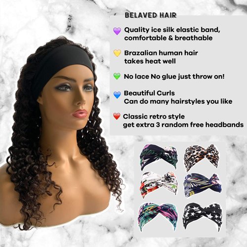 Curly Headbands Wigs Natural Black 24" Bouncy Wavy Wig Remy Human Hair Half Wig for Women 150% Density Glueless Wig With Combs and Elastic Bands Can Be Restyle