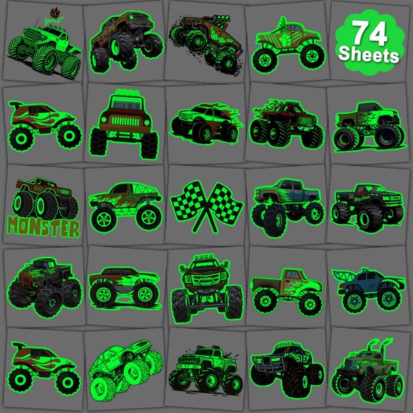 CHARLENT Glow in The Dark Monster Truck Temporary Tattoos for Kids Party Supplies - 74 Individually Sheets Luminous Monster Truck Tattoos for Boys Birthday Party Favors Goodie Bag Fillers