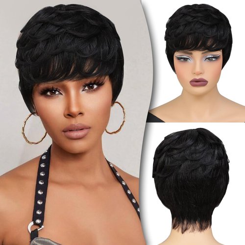 INSTASTYLE Pixie Cut Wig Human Hair Wigs for Black Women Short Black Curly Wig with Bangs Natural Wavy Layered Wig None Lace Glueless Wig Put On and Go Pixie Wig,Natural Black Color