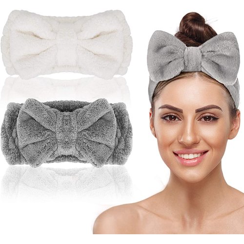 2 Pcs Bowknot Spa Headband, Soft Coral Fleece Facial Makeup Hair Wrap Makeup Fluffy Headband for Women Girls Washing Face Skincare(White/Grey)