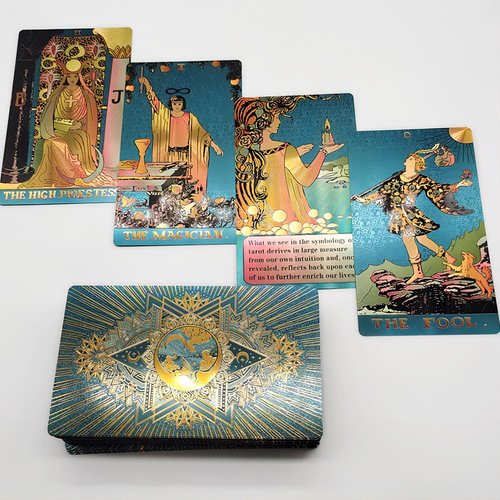 MSTRCORA Exquisite Gold Foil Tarot Cards - Luxury Tarot Card Deck Waterproof PET Material, Splendid Classic Tarot Deck & Gold Foil Tarot Decks for Beginners (Cyan Moon)