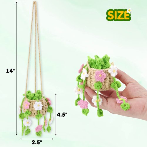 Vansolinne Cute Car Accessories Crochet Hanging Basket Flower Plant Car Ornament for Rearview Mirror Decor Interior Aesthetic Plant Lovers Gifts for Women and Men Drivers