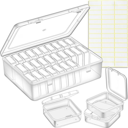 Bead Organizer Box, 30Pcs Small Clear Plastic Bead Storage Containers, 1 Craft Storage Box with Hinged Lid, 1 Sheet Label Sticker, Mini Storage Box for Jewelry Making Beading Crafts Screws Small Parts