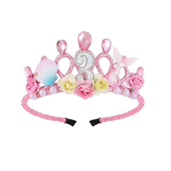 3th Birthday Tiara Crown with Mermaid Decoration, Disposable Headband for Girls 3 Year Old