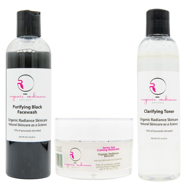 The Radiant Renewal Trio | Organic Skincare Bundle for Sensitive Skin | Purifying Black Facewash, Clarifying Toner & Herbe Sois Calming Moisturizer | Deep Cleansing, pH Balancing & Redness Reduction
