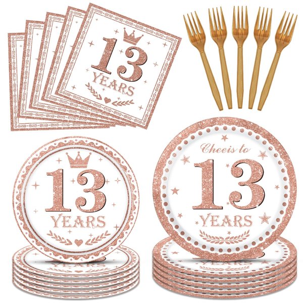 96 PCS 13th Birthday Decorations for Girls Happy 13 Year Old Girl Birthday Decorations White Rose Gold 13th Birthday Paper Plates Napkins and Forks Set for Official Teenager 13th Birthday