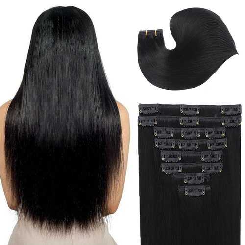 Clip in Hair Extensions Real Human Hair 100% Brazilian Virgin Human Hair 8pcs Per Set with 18Clips Double Weft Clip in Human Hair Extensions (14 Inch, #1 Jet Black Hair Extensions)