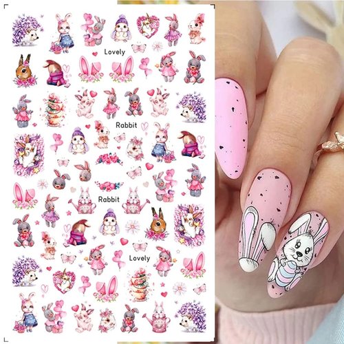 8 Sheets Easter Rabbit Nail Art Stickers Decals,3D Self-Adhesive Nail Art Accessories Cartoons, Rabbits, Animals, Hearts, Flowers,Designs Sticker Lovely Retro Rabbit Manicure DIY Nail Decorations